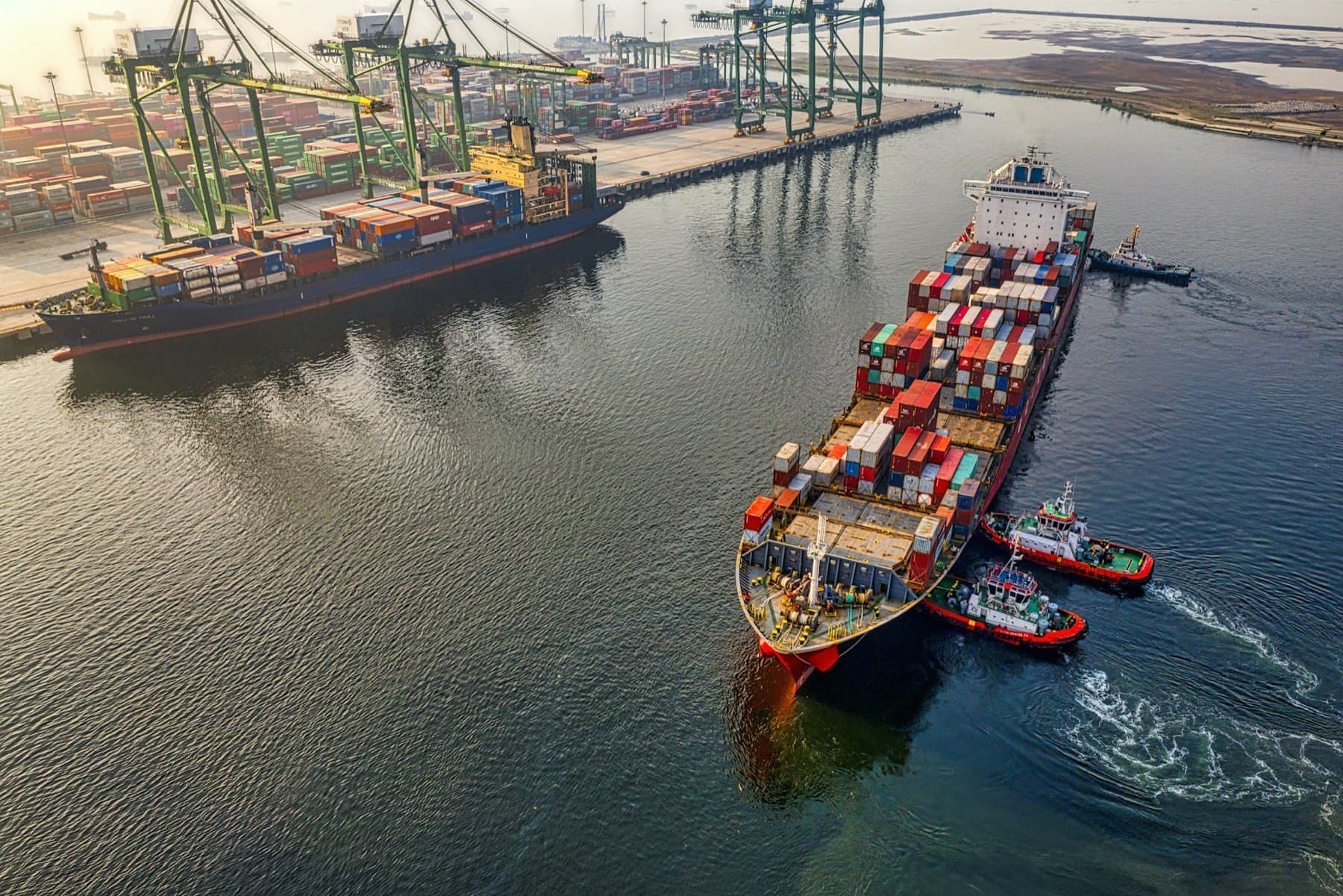 Quay cranes above a berthed vessel